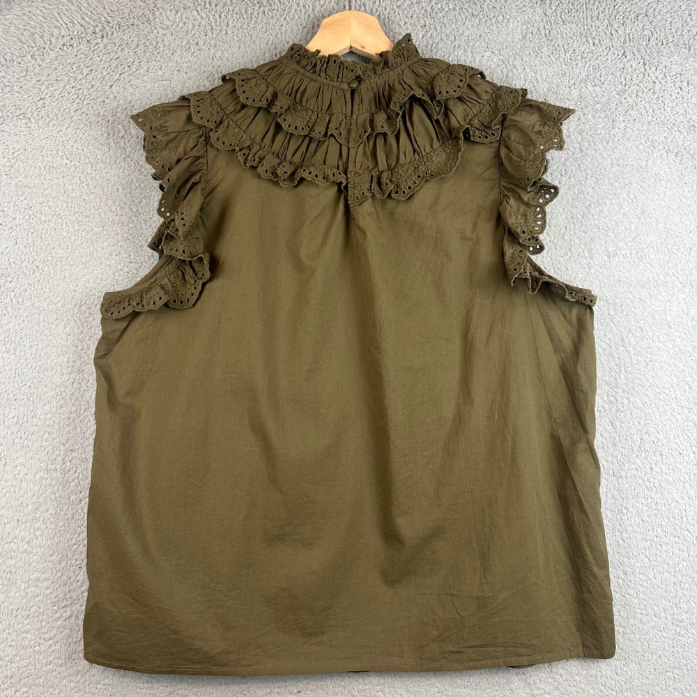 Boden Olive Green Eyelet Ruffle High Neck Sleeveless Cotton Blouse Top - Picture 4 of 12